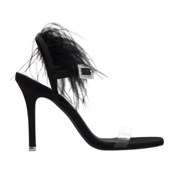 BLACK SUEDE STUDIO Trinity Satin Leather Ostrich Feather Black Sandals Size 10 - Picture 1 of 9